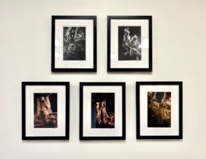 five framed abstract photographs hung on a white wall