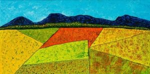 painting of colorful abstract fields, dark mountains on the horizon.