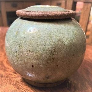 copper green stoneware pot