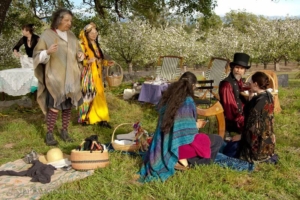 historical recreation picnic, in color, with significant anachronism